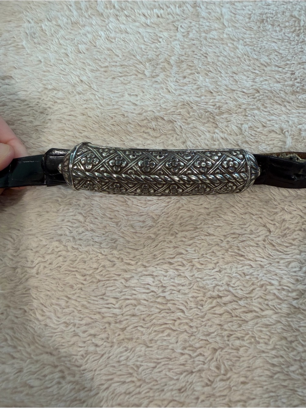 Brighton Black Leather Belt with Ornate Silver-Tone Buckle 39” long